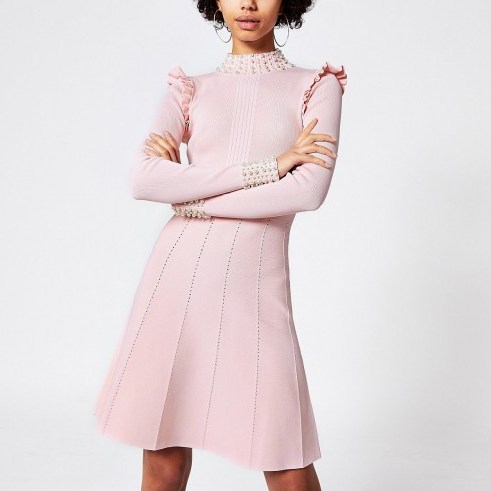 River Island Pink pearl embellished rib knitted dress | cute knitted dresses - flipped