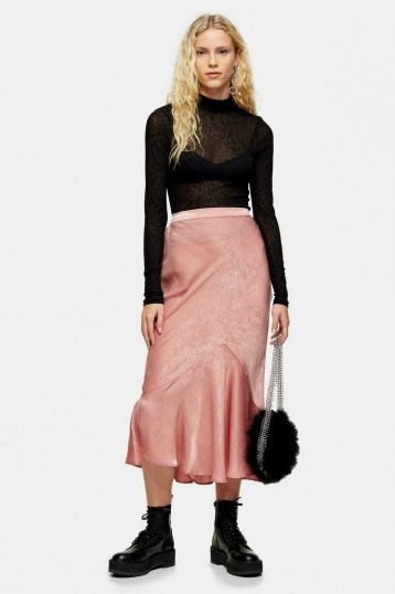 TOPSHOP Pink Satin Flounce Midi Skirt - flipped