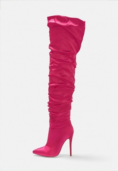 MISSGUIDED pink satin ruched long slit boots – bright gathered stiletto boot - flipped