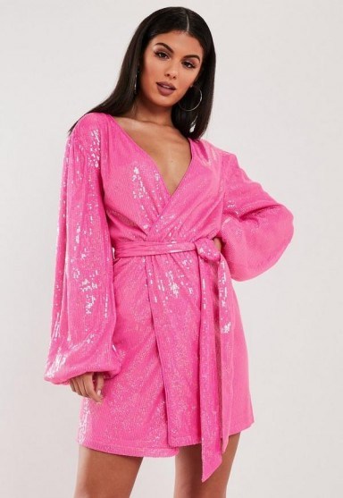 MISSGUIDED pink sequin wrap balloon sleeve mini dress – glittering dresses - flipped