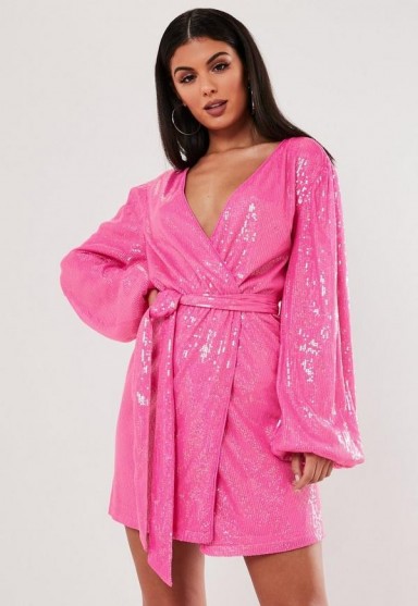 MISSGUIDED pink sequin wrap balloon sleeve mini dress – glittering dresses