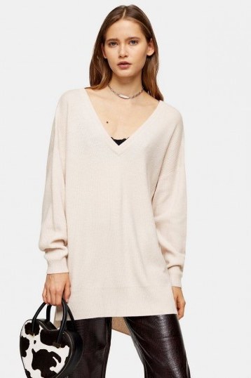 Topshop Pink V Neck Knitted Jumper With Cashmere | essential longline sweater - flipped