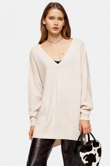 Topshop Pink V Neck Knitted Jumper With Cashmere | essential longline sweater