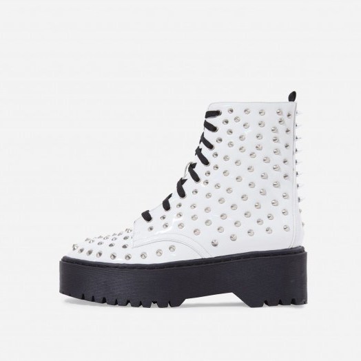 EGO Pixie Studded Detail Lace Up Biker Boot In White Patent – chunky spiked boots - flipped