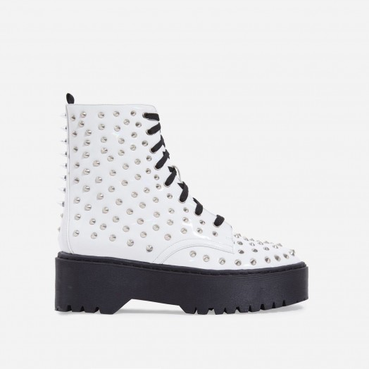EGO Pixie Studded Detail Lace Up Biker Boot In White Patent – chunky ...