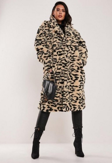 MISSGUIDED plus size brown leopard print oversized teddy coat – fluffy animal print winter coats - flipped