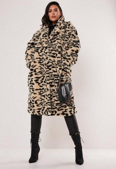 MISSGUIDED plus size brown leopard print oversized teddy coat – fluffy animal print winter coats
