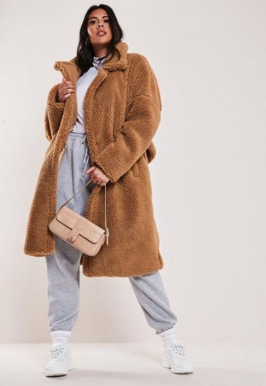 MISSGUIDED plus size tan oversized long teddy coat – textured winter coats - flipped