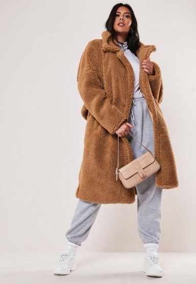 MISSGUIDED plus size tan oversized long teddy coat – textured winter coats
