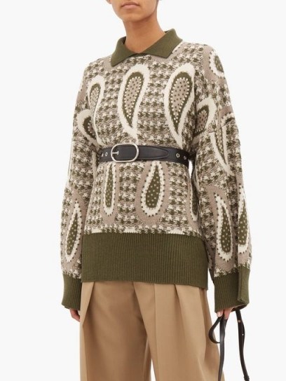 JW ANDERSON Point-collar paisley-intarsia wool sweater olive-green - flipped