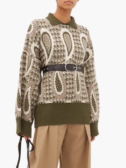 JW ANDERSON Point-collar paisley-intarsia wool sweater olive-green