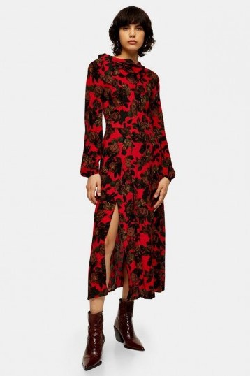 TOPSHOP Red Rose Print Tie Neck Dress - flipped