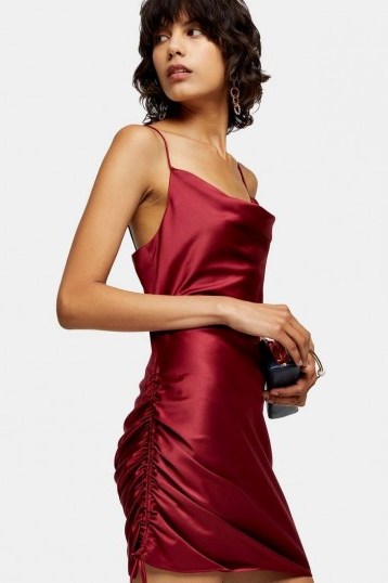 TOPSHOP Red Satin Ruched Mini Slip Dress – strappy side-gathered cami dresses - flipped