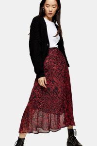 Topshop Red Warped Leopard Midi Skirt | semi sheer overlay skirts