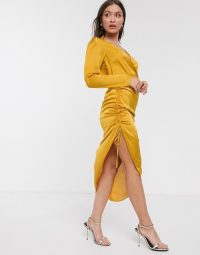 River Island midi wrap dress with gathered side in gold | ruched evening dresses