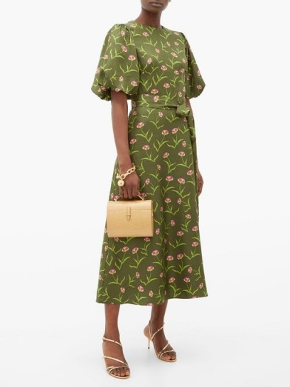 BORGO DE NOR Romini carnation-print silk midi dress in khaki-green / lady-like dresses