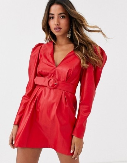 Ronny Kobo giulia pleather belted dress red – puffed sleeved dresses - flipped