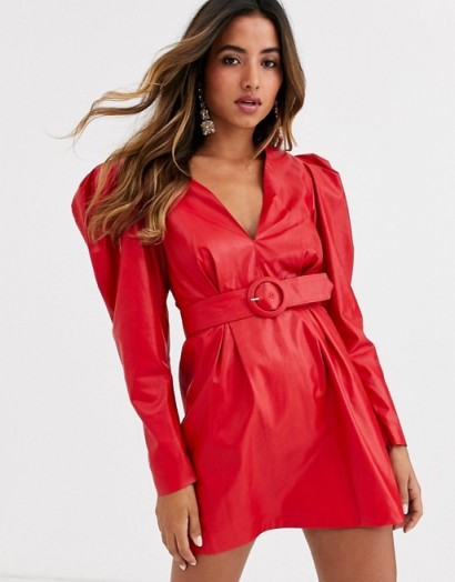 Ronny Kobo giulia pleather belted dress red – puffed sleeved dresses