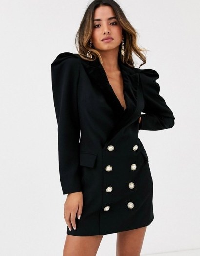 Ronny Kobo mayaletta statement shoulder blazer dress with buttons black – 80s style power dressing – evening glamour – lbd - flipped