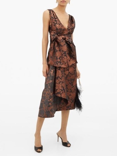 ERDEM Rosalie sash-waist floral-brocade tea dress in bronze ~ glamorous vintage style occasion dresses - flipped