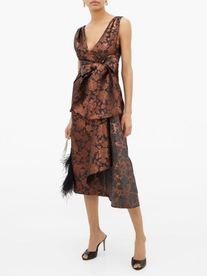 ERDEM Rosalie sash-waist floral-brocade tea dress in bronze ~ glamorous vintage style occasion dresses