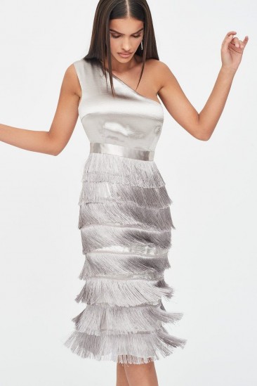 rosie connolly one shoulder fringe dress in metallic silver – lavish alice occasion dresses