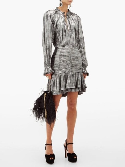 JONATHAN SIMKHAI Ruffled plissé-lamé mini skirt in grey / metallic event fashion