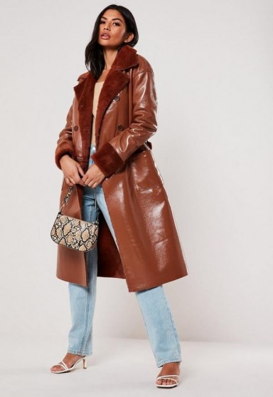 MISSGUIDED rust vinyl faux fur double breasted coat – tie waist winter coats