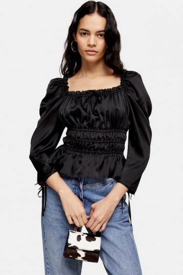 TOPSHOP Satin Ruched Prairie Blouse – gathered square neck top - flipped