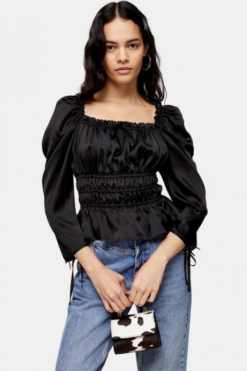 TOPSHOP Satin Ruched Prairie Blouse – gathered square neck top