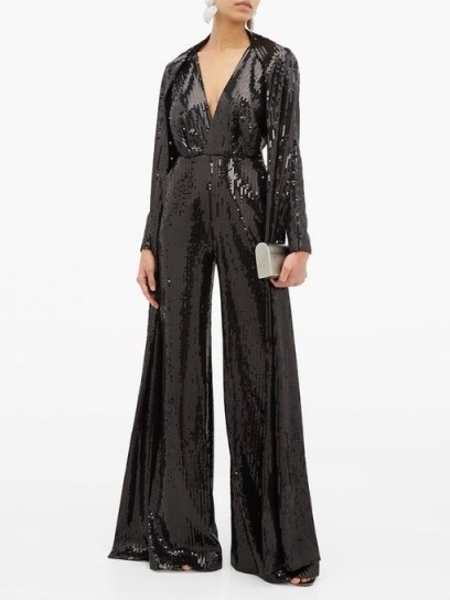 ELIE SAAB Sequinned wide-leg jumpsuit in black ~ sparkling designer evening wear ~ occasion glamour - flipped