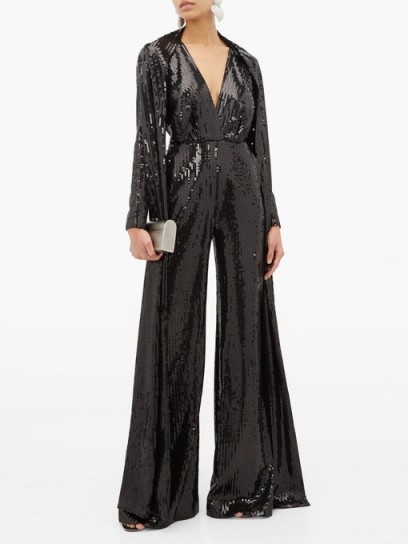 ELIE SAAB Sequinned wide-leg jumpsuit in black ~ sparkling designer evening wear ~ occasion glamour
