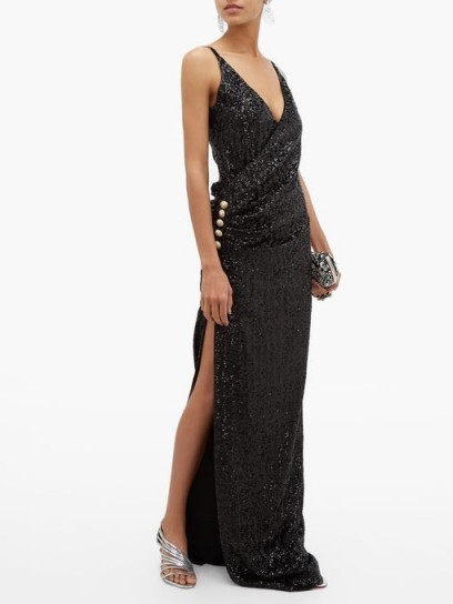 BALMAIN Sequinned wrap-effect gown in black ~ evening elegance