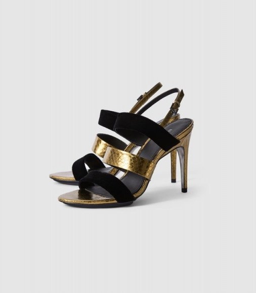 Reiss SERENA LEATHER AND VELVET STRAPPY SANDALS GOLD – evening luxe – glamorous occasion shoes - flipped