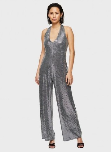 MISS SELFRIDGE Silver Halter Sequin Jumpsuit – party glamour - flipped