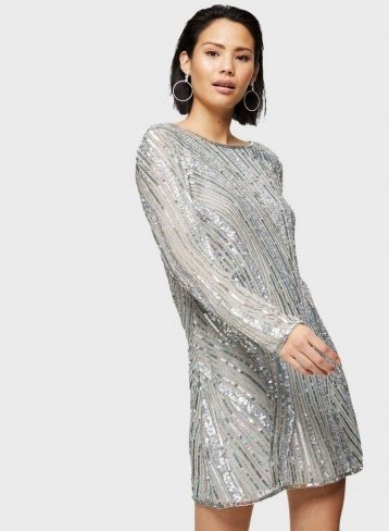 MISS SELFRIDGE Silver Long Sleeve Sequin Mini Dress – sparkly shift dresses - flipped