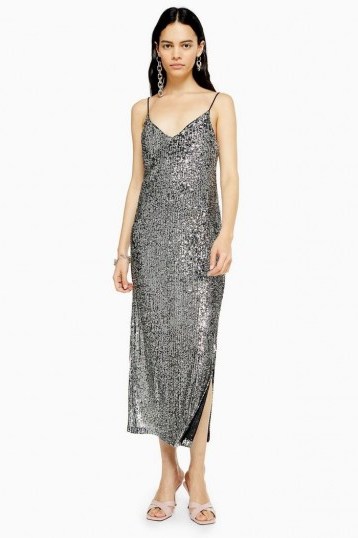 TOPSHOP Silver Sequin Midi Dress / sparkling slip dresses - flipped