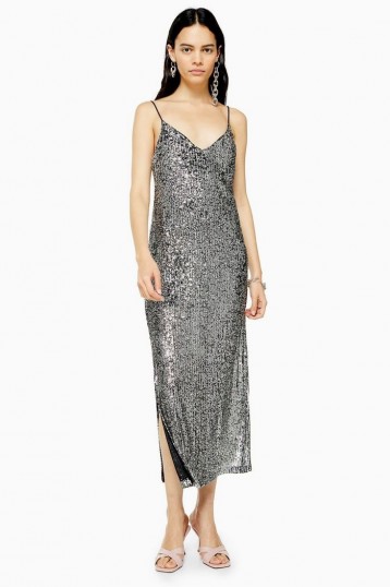 TOPSHOP Silver Sequin Midi Dress / sparkling slip dresses