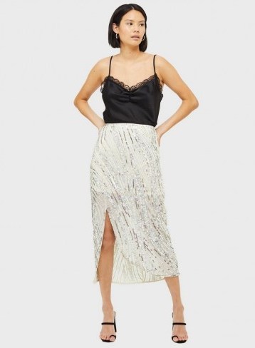 MISS SELFRIDGE Silver Sequin Midi Skirt – glamorous evening skirts - flipped