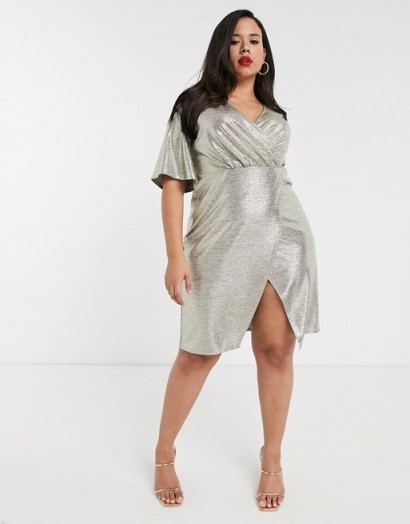 Simply Be wrap front midi dress with angel sleeves in gold shimmer | plus size party dresses