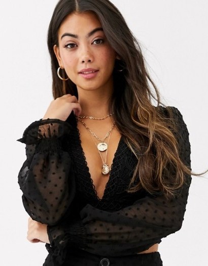 Sisters Of The Tribe black plunge front top with sheer sleeves in embroidered lace - flipped