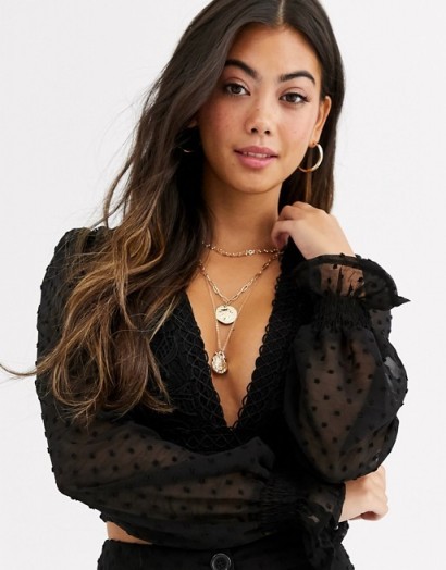 Sisters Of The Tribe black plunge front top with sheer sleeves in embroidered lace