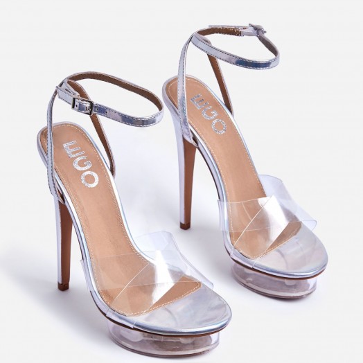 EGO Smoking Barely There Perspex Platform Heel In Silver Holographic Faux Leather – glamorous metallic platforms