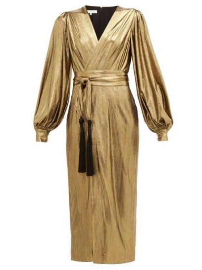 BORGO DE NOR Sofi tasselled waist-tie lamé midi dress in gold / vintage look evening dresses - flipped