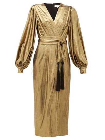 BORGO DE NOR Sofi tasselled waist-tie lamé midi dress in gold / vintage look evening dresses