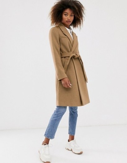 Stradivarius tailoring coat with belt in camel | belted wrap coats - flipped