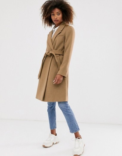 Stradivarius tailoring coat with belt in camel | belted wrap coats