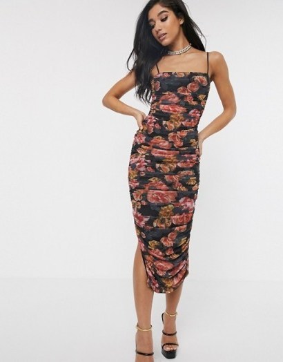 Style Cheat ruched midaxi pencil dress in dark floral print – skinny strap going out dresses - flipped