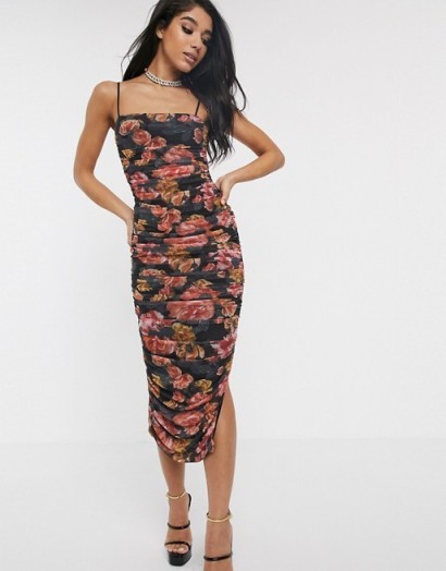Style Cheat ruched midaxi pencil dress in dark floral print – skinny strap going out dresses