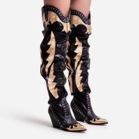 EGO Sunset Studded Detail Reptile Print Western Thigh High Long Boot In Black Faux Leather